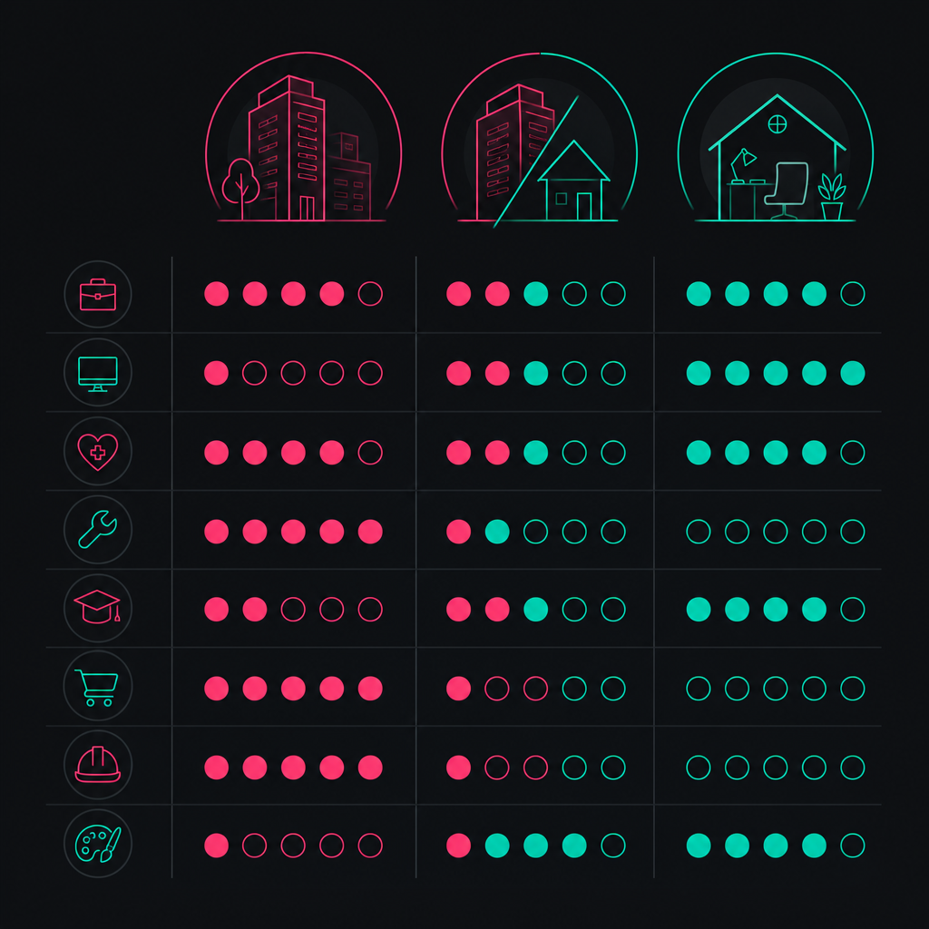 Office, hybrid and remote work arrangements compared