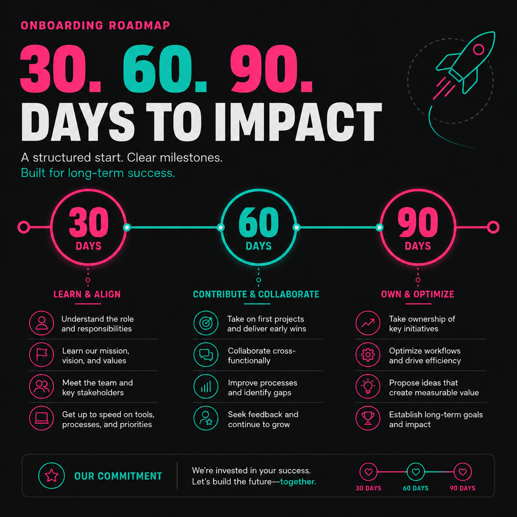 Timeline showing 30, 60, and 90 day onboarding milestones