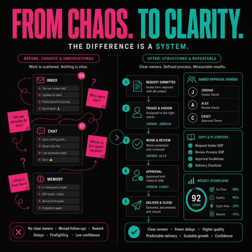 Before and after process flow showing informal task management versus structured offshore delivery system