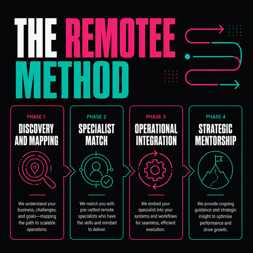 Four-phase Remotee Method process flow diagram from Discovery and Mapping through to Strategic Mentorship