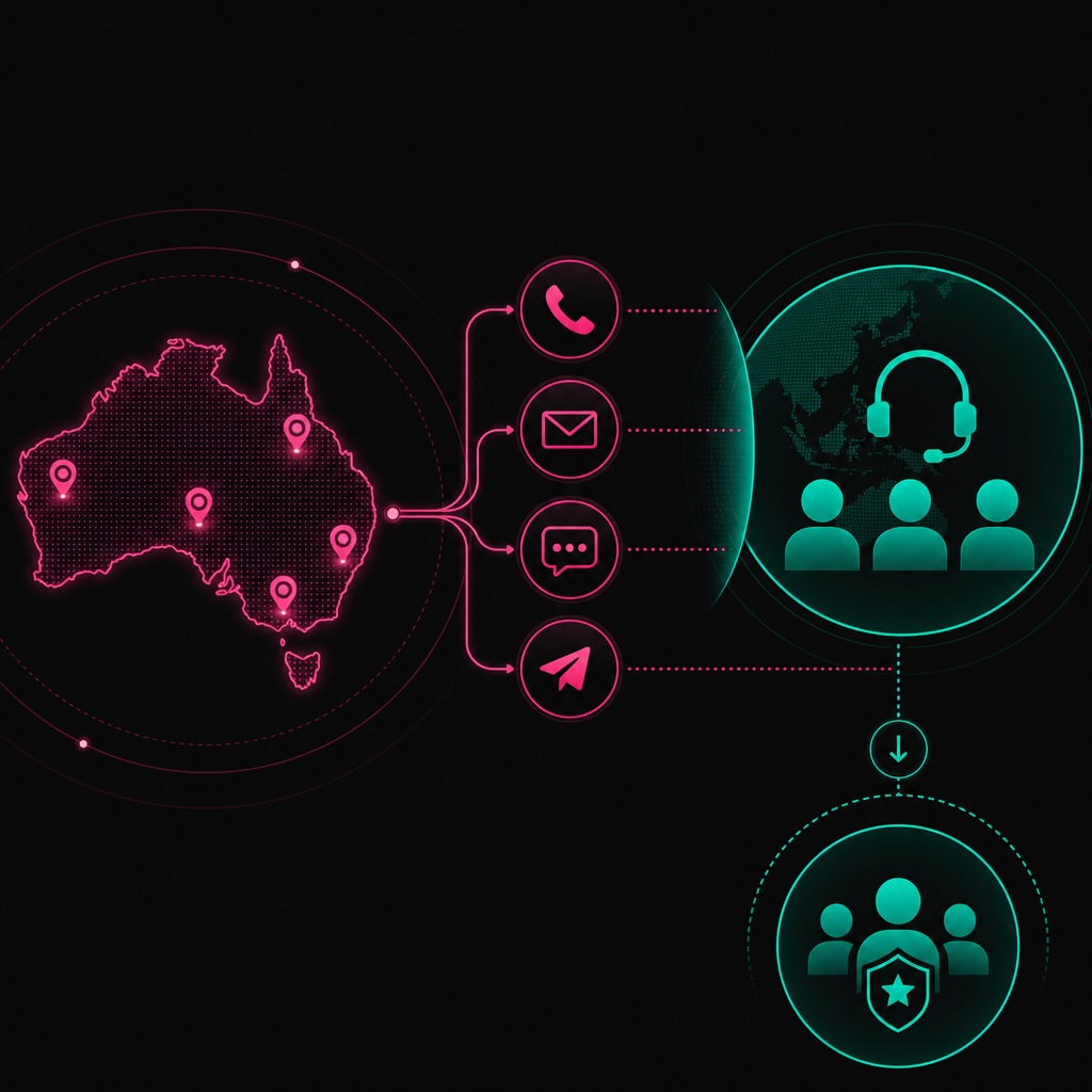Channels connecting Australian customers with an offshore support team