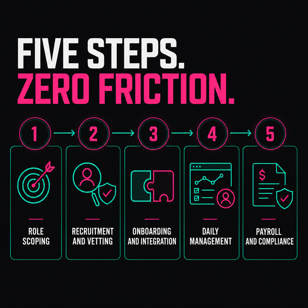 Five-step process flow diagram showing how offshore staffing works from role scoping through to payroll and compliance