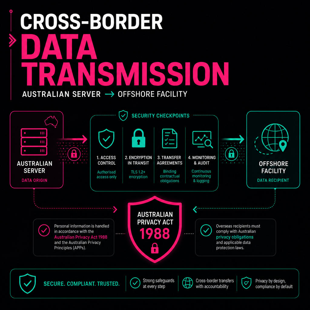 Process flow diagram showing secure cross-border data transmission under the Privacy Act.
