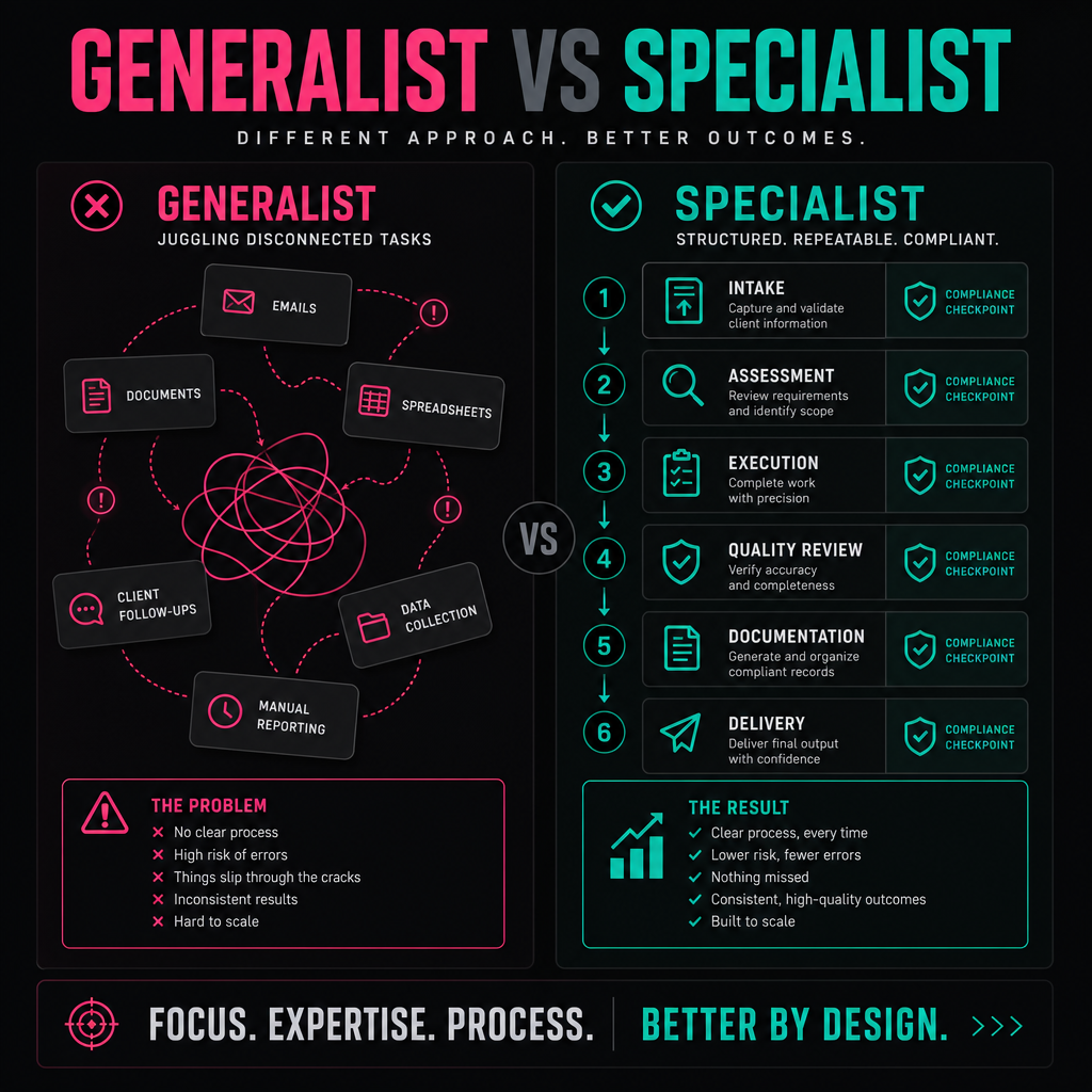 Comparison chart showing the difference between generalist task juggling and structured specialist workflows.