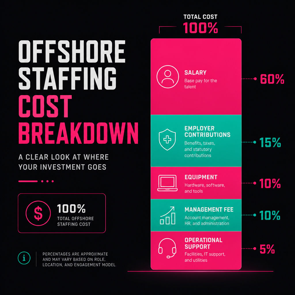 Stacked bar diagram showing the cost components of a managed offshore staffing arrangement including salary, contributions, equipment, and management fees