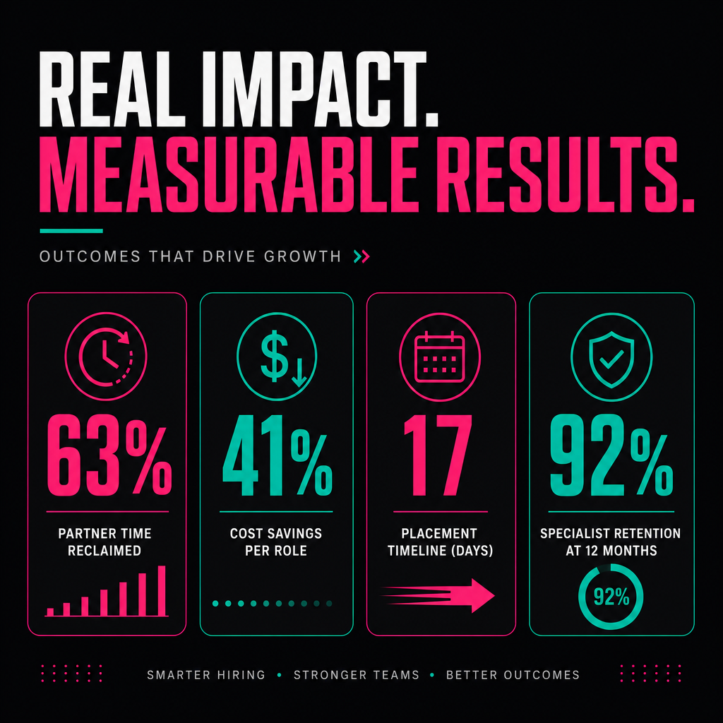 Stats bar showing key offshore accounting metrics: 35-50% partner time reclaimed, 60-70% cost savings, 21-day placement, 95% retention