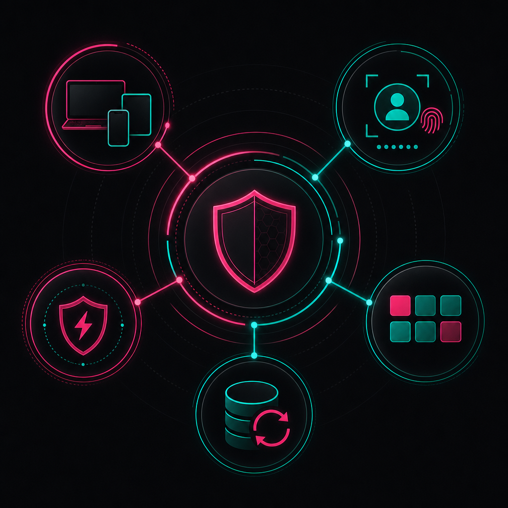 Security controls connecting devices, access, applications and backups