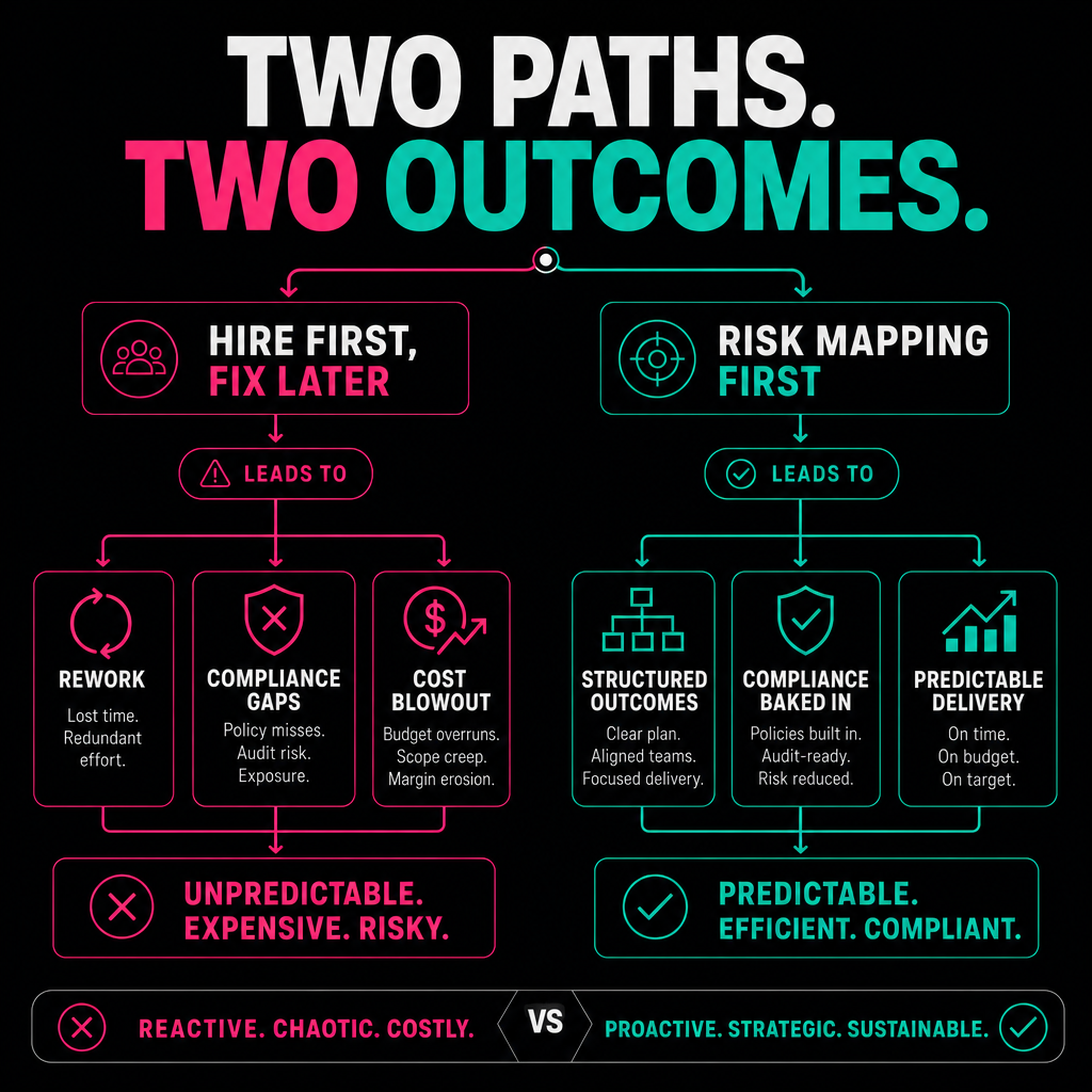 Flowchart comparing reactive offshore hiring versus risk-mapped offshore engagement design and their outcomes