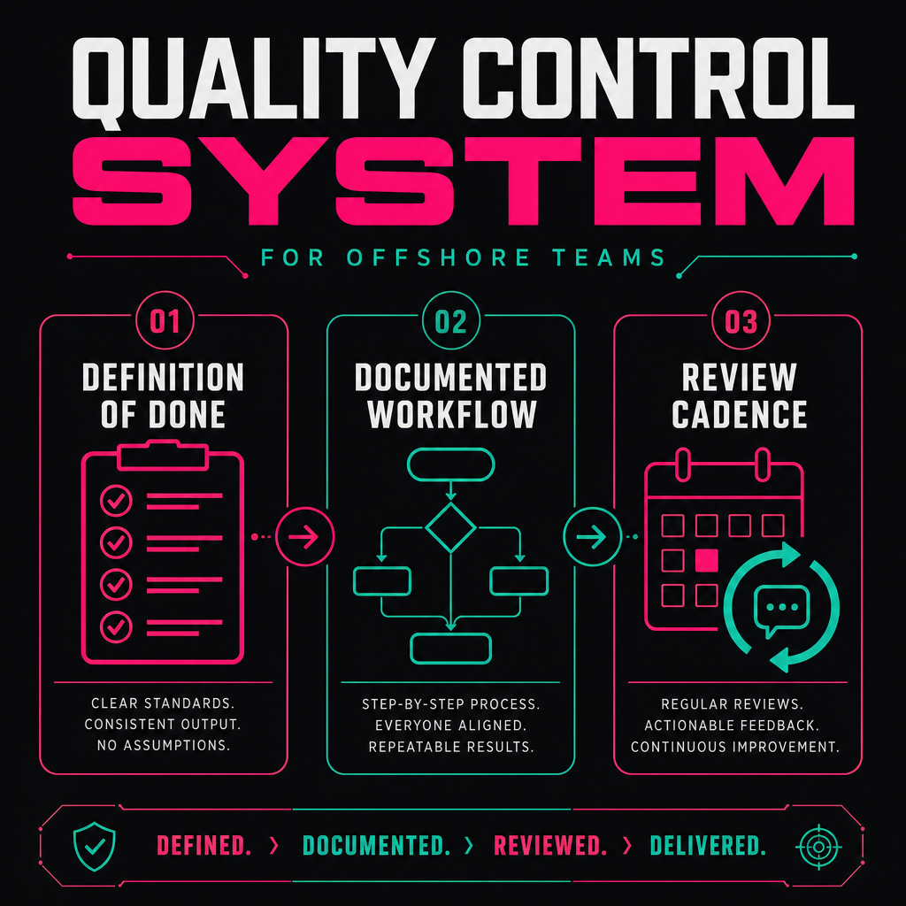 Three-component diagram showing definition of done, documented workflow, and review cadence for offshore quality control