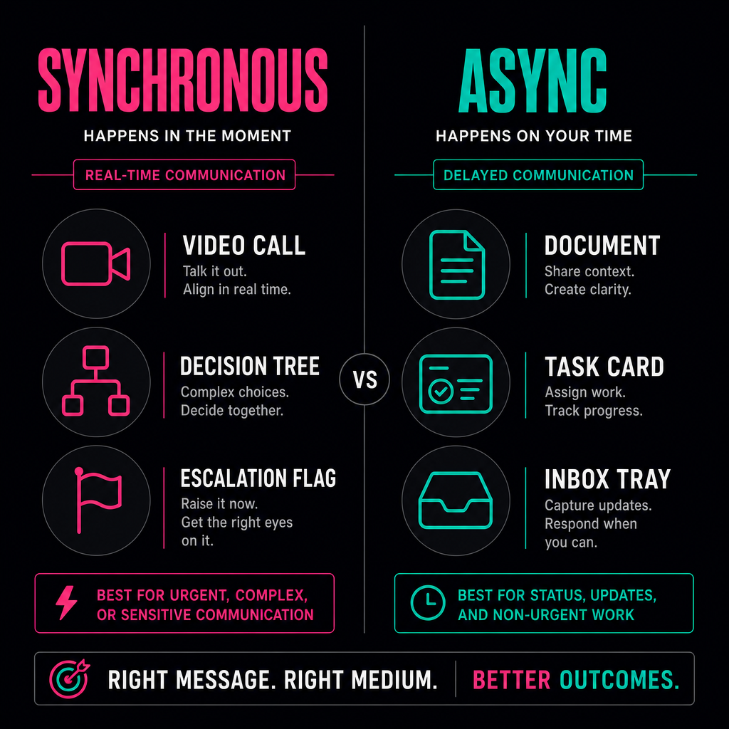 Two-column diagram comparing synchronous and asynchronous communication types for offshore team workflows