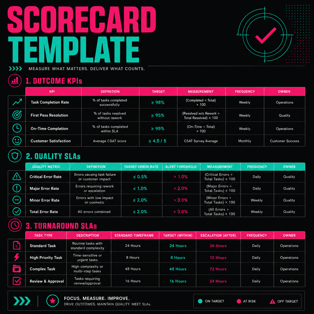 Scorecard template showing outcome KPIs, quality SLAs, and turnaround SLAs for offshore role management