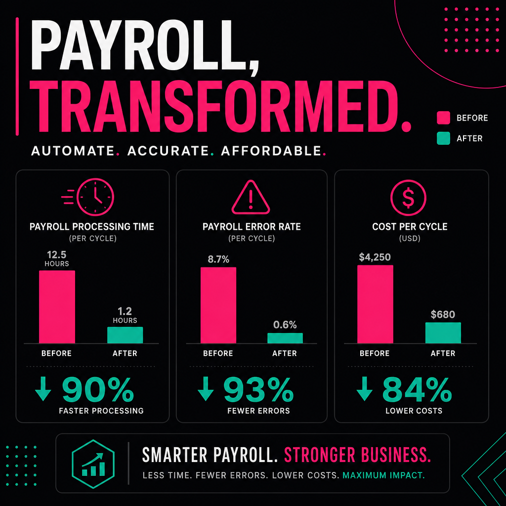 Bar chart showing reduced payroll time, errors and cost after implementation