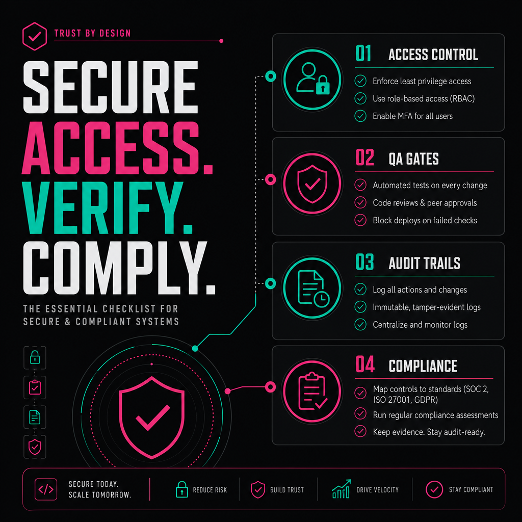 Checklist graphic of security, QA and compliance controls