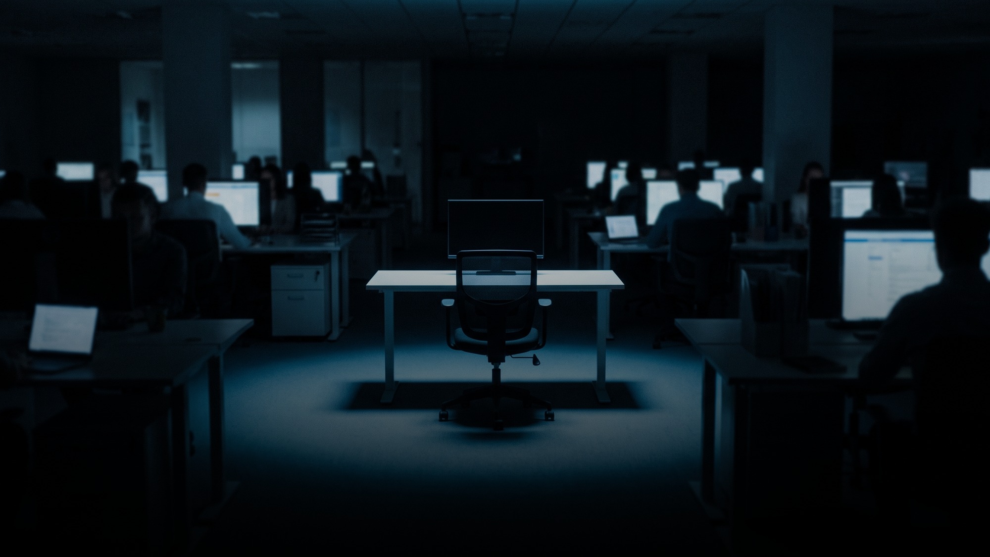 A single empty desk in a busy office
